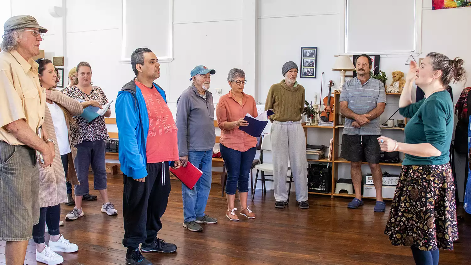 The Slightly Bent Choir rehearses in the Red Door Hall at St John's in Moruya.